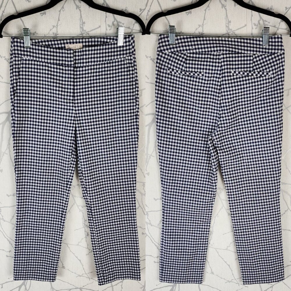 Elaine Rose Navy Gingham Stretch Mid Rise Straight Leg Ankle Pants